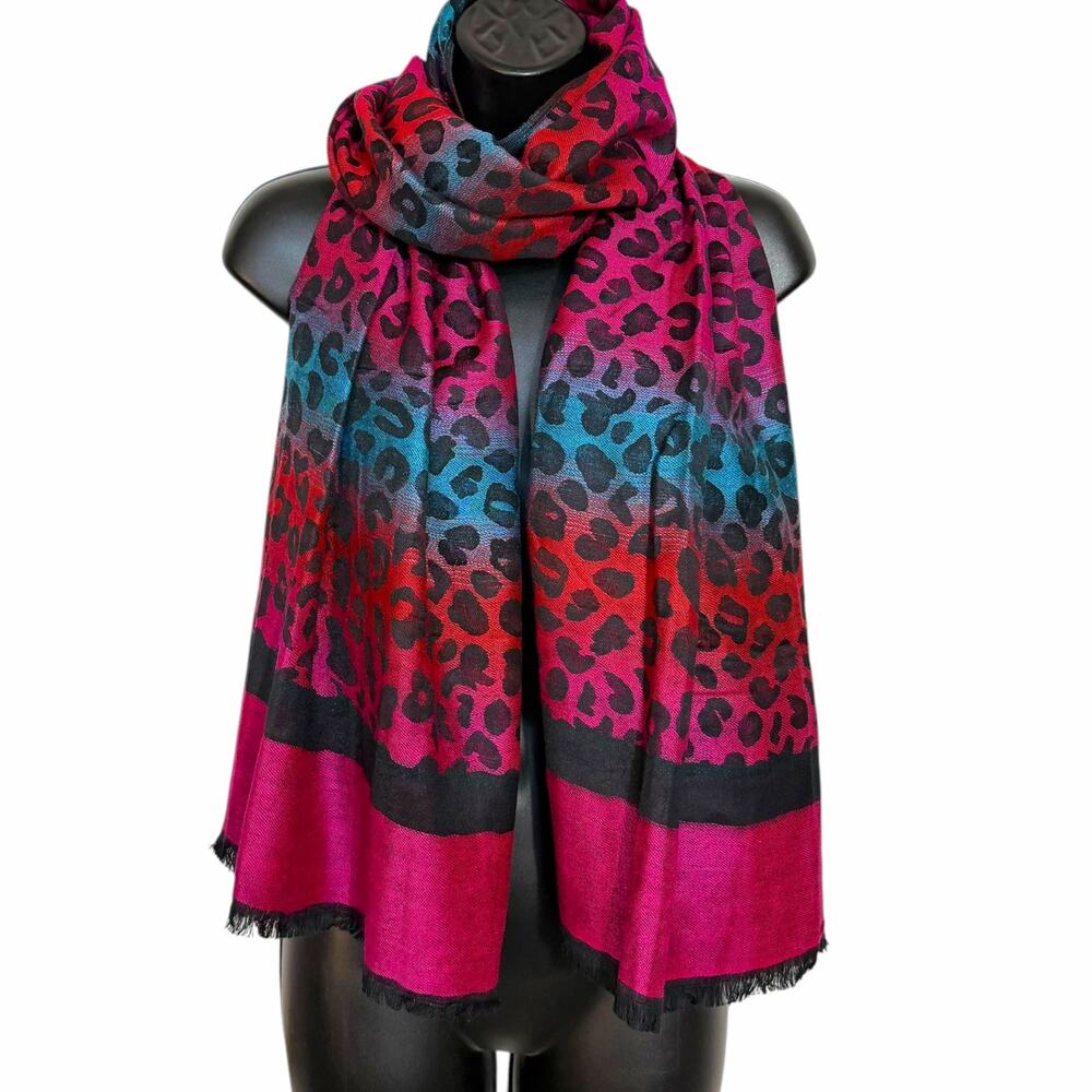 100% Cashmere Scarf Shawl Wrap Pink Blue Leopard Print Ombre Fringe Cheetah